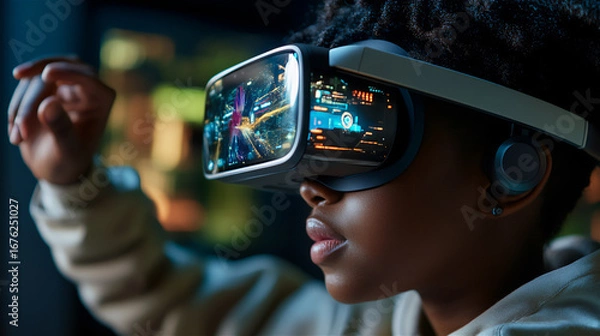 Obraz Young African American boy wearing virtual reality headset, immersed in digital world, exploring futuristic environments, showcasing the evolution of technology and gaming experiences