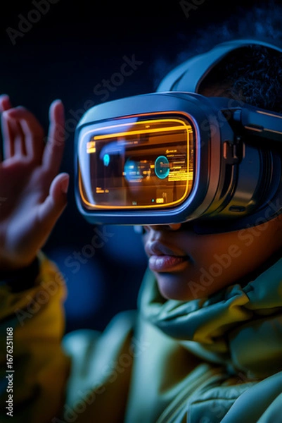 Obraz Young African American woman wearing virtual reality headset, interacting with digital interface, exploring immersive technology, showcasing future of education and innovation in modern learning 