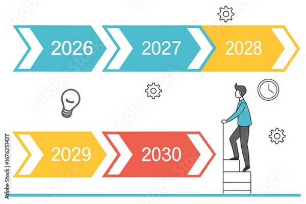 Fototapeta 5 Steps Business infographic timeline year arrow design template. Business milestone and strategy presentation.Vector illustration.