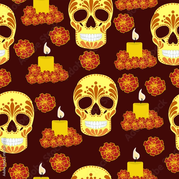 Fototapeta Day of the Dead seamless pattern, festive sugar skull, candle and marigolds on a dark red background