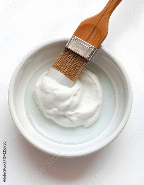 Obraz Bowl of chemical peel and brush isolated on white. Peeling procedure, Side lit. isolated with white highlights
