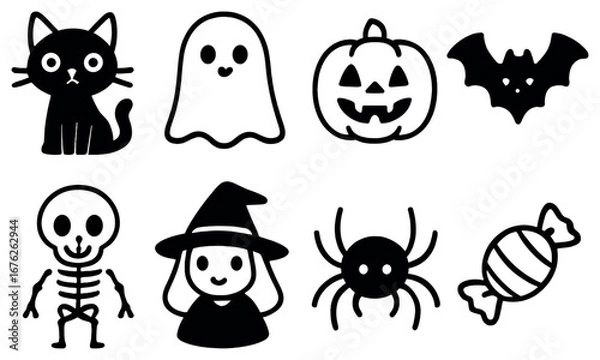 Obraz Halloween linear icon set. featuring cat, ghost, pumpkin, bat, skeleton, witch, spider, candy