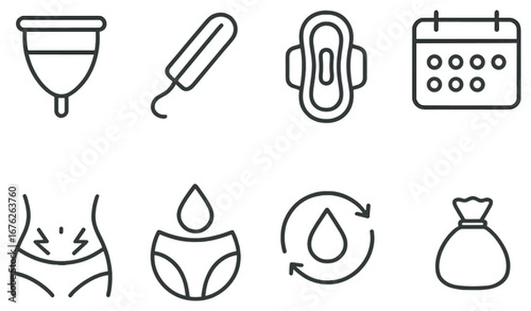 Fototapeta Menstrual cycle linear icon set. featuring cup, tampon, pad, calendar, cramps, underwear, recycling, and bag