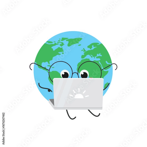Obraz Funny comic globe cartoon character using laptop
