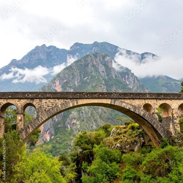 Fototapeta Ancient stone arch bridge over valley with mountains