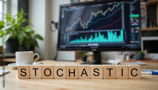 Fototapeta Stochastic signals on a trading chart symbolize the fragile balance between probability and uncertainty where mathematical patterns attempt to impose order on chaotic market movements
