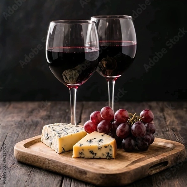 Fototapeta Title:
Two glasses of red wine with blue cheese and grapes on wooden tray against black background