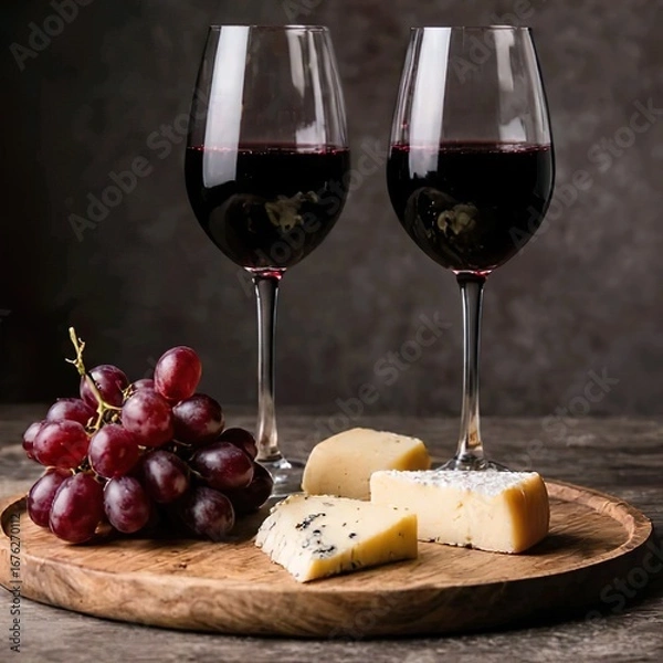 Fototapeta Title:
Two glasses of red wine with three cheeses and red grapes on wooden tray