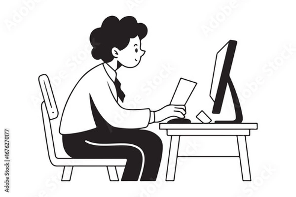 Fototapeta Person working on computer at desk with tablet