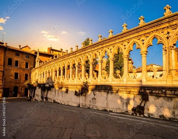 Fototapeta Ancient stone wall at sunset