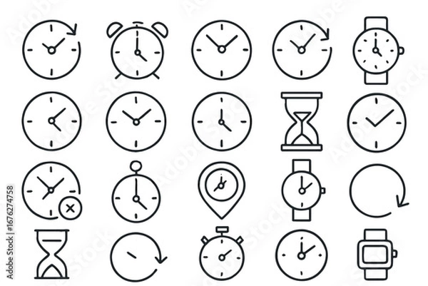 Fototapeta Collection of clock and timer icons including hourglass and stopwatch designs