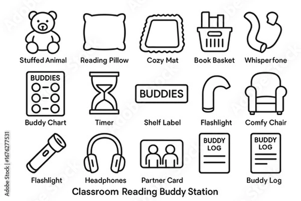 Fototapeta Educational tools for classroom reading buddy station: icons for learning and organization