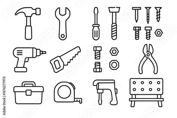 Fototapeta Collection of various hand and power tools outlined in black and white clipart