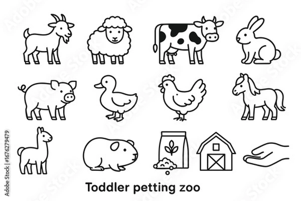 Fototapeta Cartoon farm animals and objects for toddlers: goat, sheep, cow, rabbit, pig, duck, chicken, horse, llama, guinea pig, barn