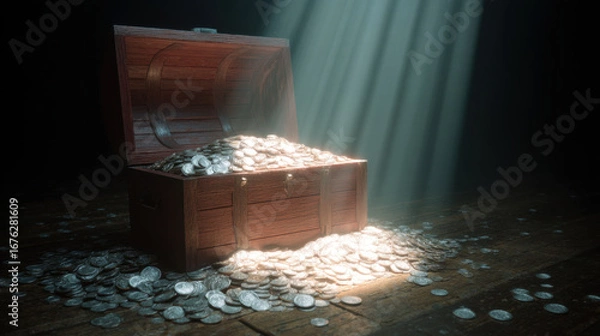 Fototapeta Wooden treasure chest overflowing with silver coins, illuminated by beams of light, creates captivating and mysterious atmosphere. scene evokes feelings of adventure and discovery