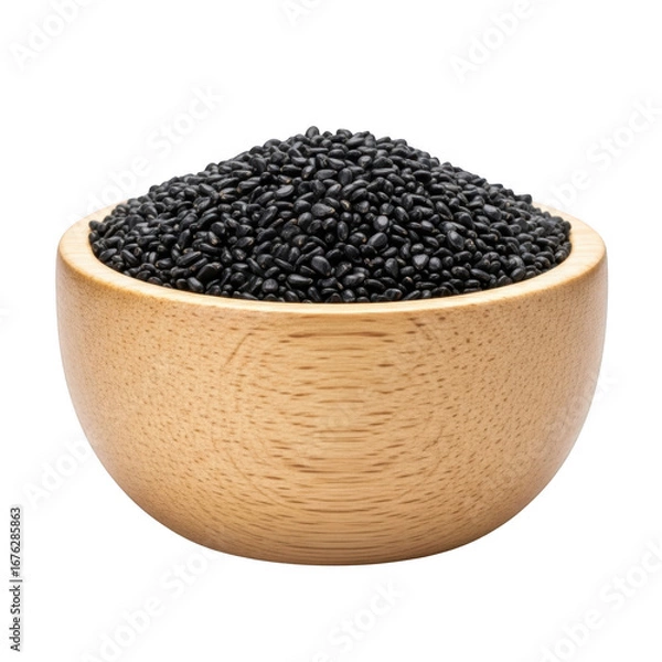 Obraz Close-up of fresh black sesame seeds piled high in a wooden bowl transparent background