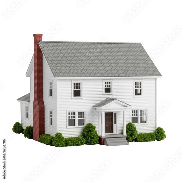 Obraz Charming white two-story house with red chimney and lush greenery miniature model transparent background
