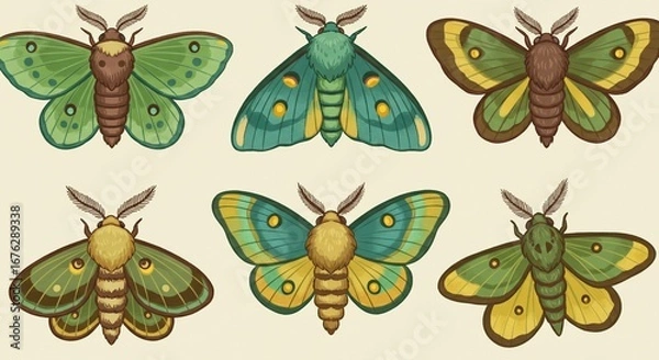 Fototapeta Enchanting collection of six beautifully illustrated moths in vibrant green and yellow hues, showcasing intricate patterns and delicate antennae for natural, whimsical designs.