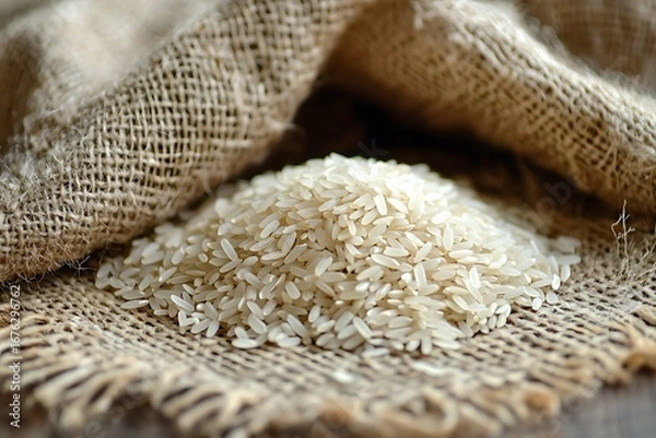 Fototapeta Fresh basmati rice grains on burlap high resolution picture