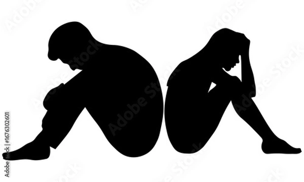 Obraz 落ち込む男女のシルエットと悩みを抱える姿