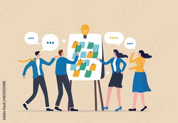 Fototapeta Workshop or business discussion, meeting or brainstorm new idea, training course class, Q and A, question and answer chat, business people in workshop meeting room with whiteboard and sticky notes.