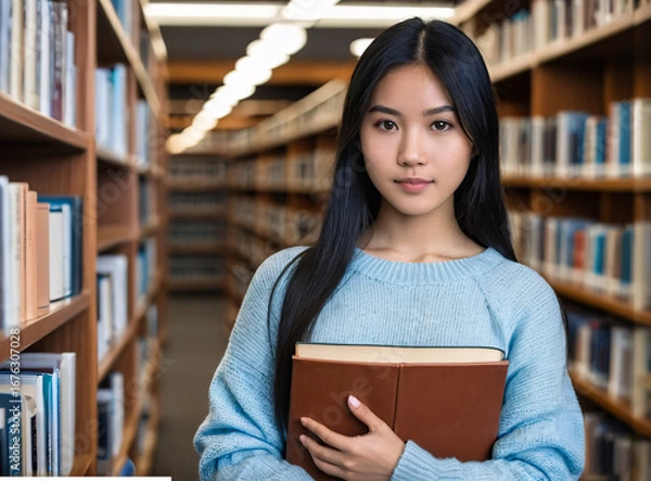 Obraz Asian female student with books in library