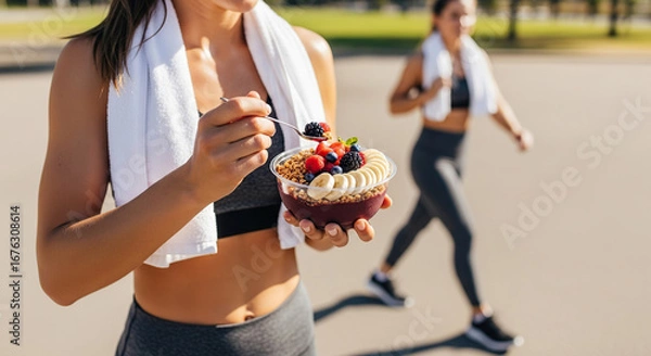 Fototapeta Woman eating acai bowl with fresh fruits and granola outdoors after exercise in activewear.