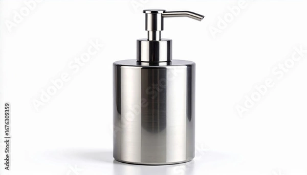 Fototapeta Sleek Stainless Steel Soap Dispenser on a White Background with Subtle Shadow