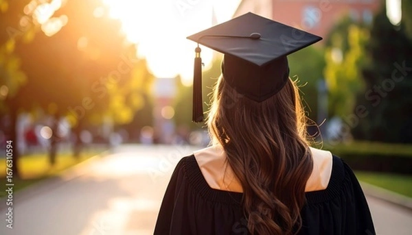 Fototapeta Graduate in Cap and Gown Stands in Sunlit Pathway, Celebrating Achievement with Trees in Background
