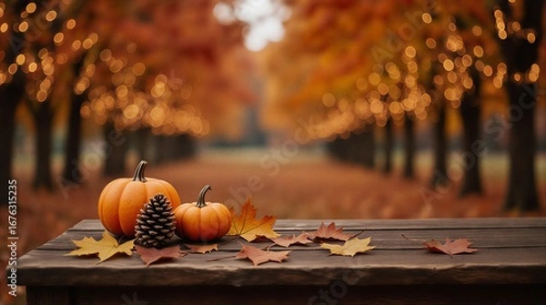 Fototapeta halloween-themed empty wooden table for product display with festive autumn background | product display, thanksgiving, halloween, autumn, table theme