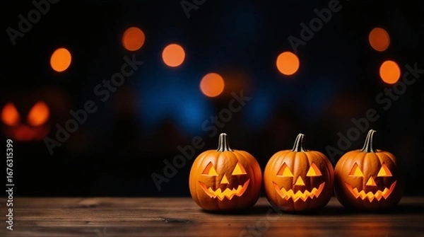 Fototapeta halloween empty table product display Montage with blurred pumpkins and autumn bokeh background | product display, Halloween decor, autumn theme, night time display, restaurant setup theme