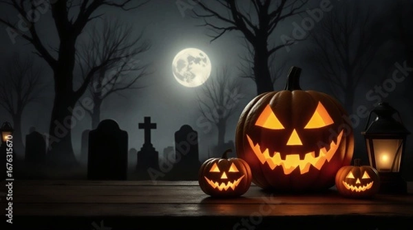 Fototapeta dark halloween empty wooden table product display mockup with spooky pumpkin scene | product display, advertising, visual, campaign, still life theme