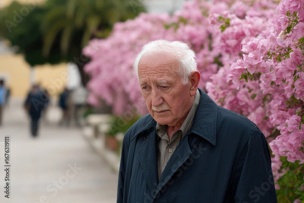 Fototapeta elderly man with his head bowed in silence lost in thought while gazing at distant blooming garden