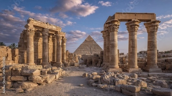 Fototapeta Ancient temple ruins and a pyramid stand against a dramatic sky, showcasing the enduring legacy of a bygone era.