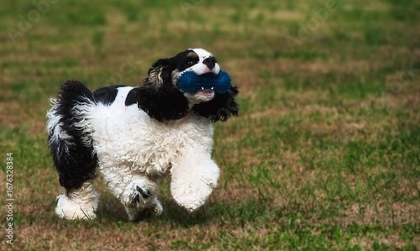 Obraz A beautiful party colored cocker spaniel running with a toy playing fetch.