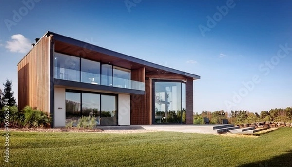 Fototapeta modern simple home with large windows and contemporary design