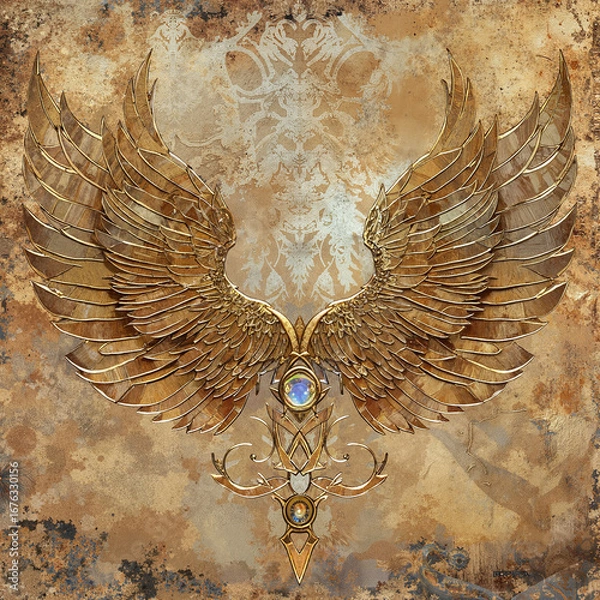 Fototapeta Golden winged design on textured background
