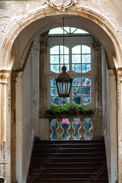 Fototapeta Charming Staircase with Antique Lantern in Sicily, Italy