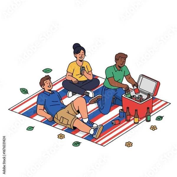 Fototapeta Three people enjoying a picnic on a blanket.