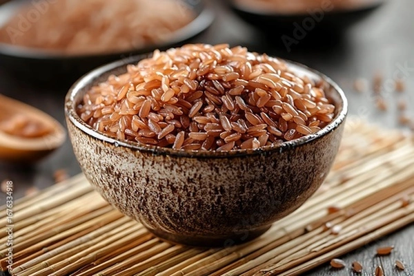 Obraz Organic red rice bowl on bamboo surface high resolution picture