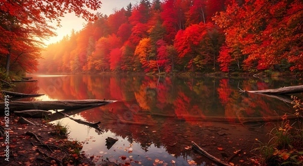 Fototapeta Crimson autumn forest surrounding a tranquil lake | Stunning Photography & Visuals