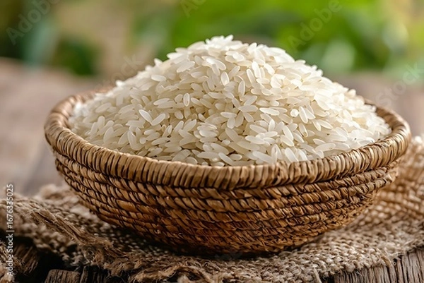 Obraz Organic rice grains in decorative basket high resolution picture