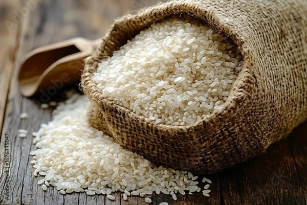Obraz Organic rice grains stored in rustic jute bag high resolution picture