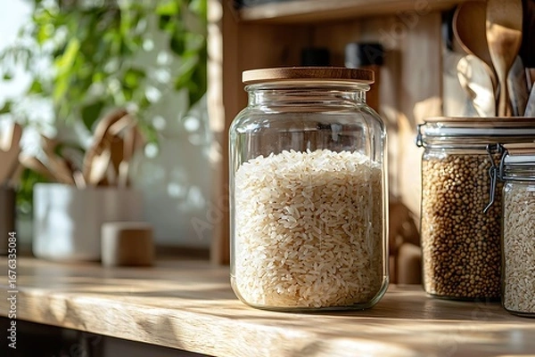 Obraz Organic rice sealed inside clear jar high resolution picture