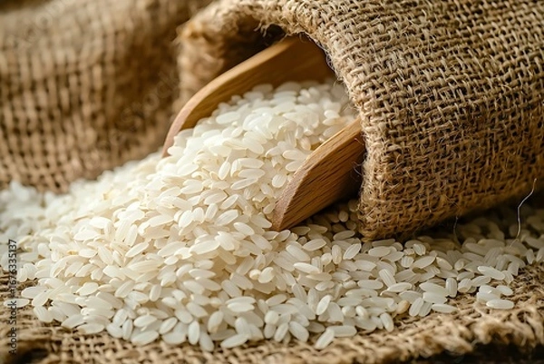 Obraz Organic rice stored in traditional burlap bag high resolution picture