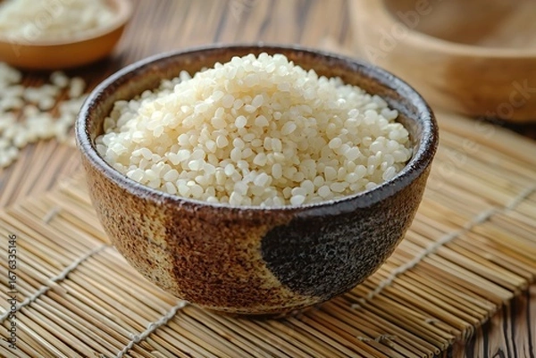 Obraz Organic short grain rice placed on bamboo high resolution picture