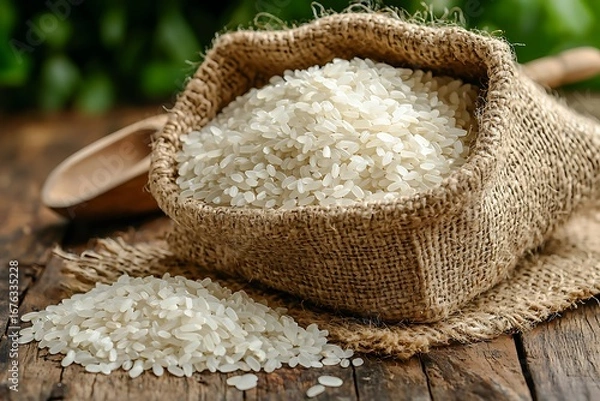 Obraz Organic white rice grains spilling from burlap high resolution picture