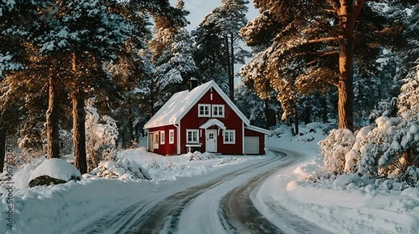 Obraz Picturesque red cabin in frosty pine woods high resolution picture