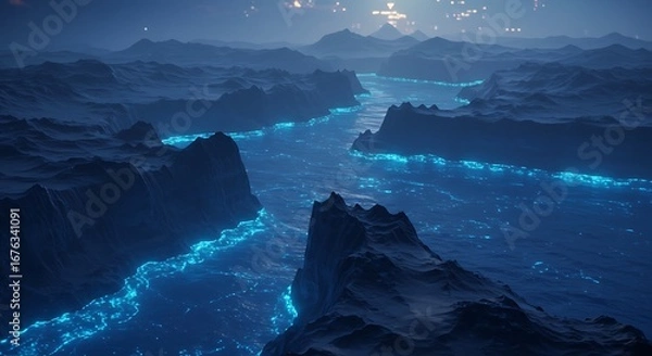 Fototapeta Alien cliffs overlooking glowing blue seas - view 249 Stock Photo for Designers and Marketers