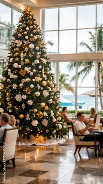 Fototapeta Decorated Christmas tree prominently displayed in a spacious Caribbean resort lobby, with blurred guests enjoying the relaxing atmosphere behind